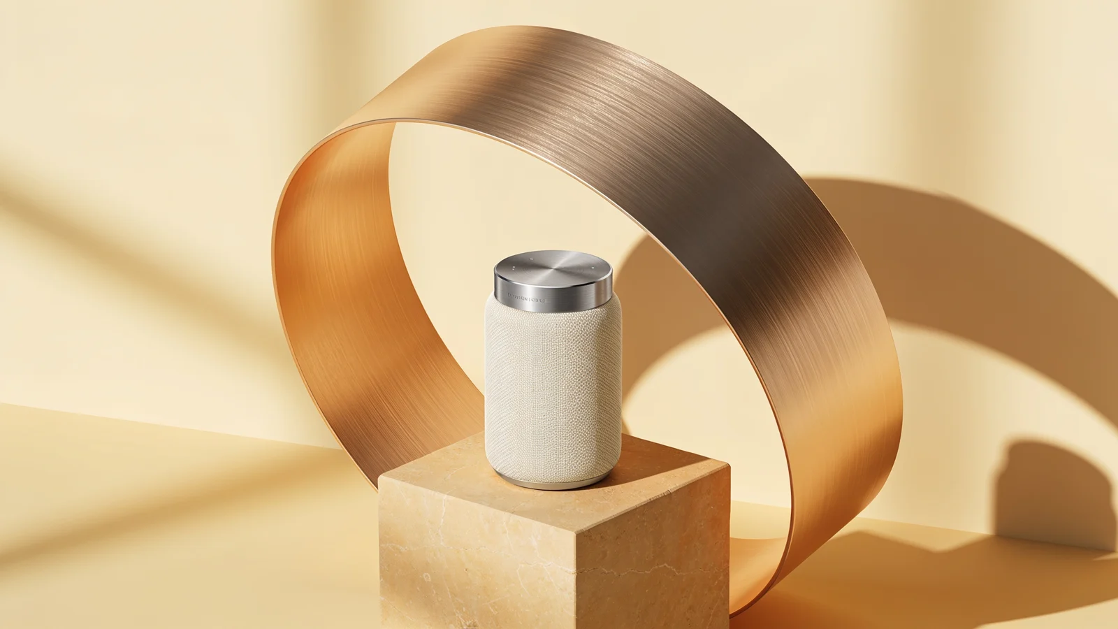 Sculptural ivory speaker with warm stone and brushed metal