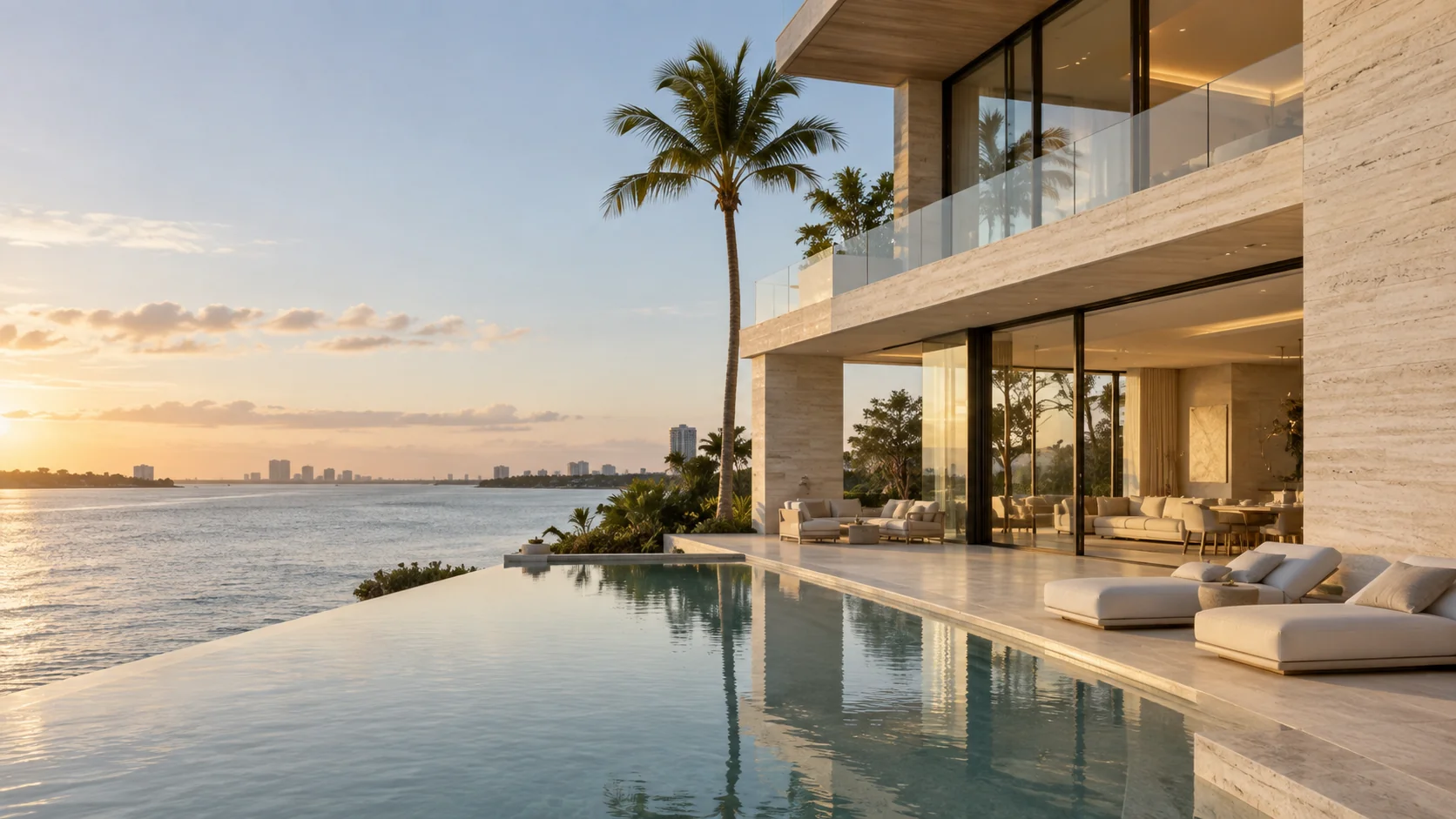 Warm waterfront architecture and a pool reflecting the palms