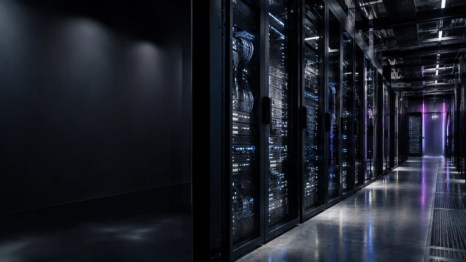 A cinematic concept of connected hosting infrastructure with illuminated server aisles